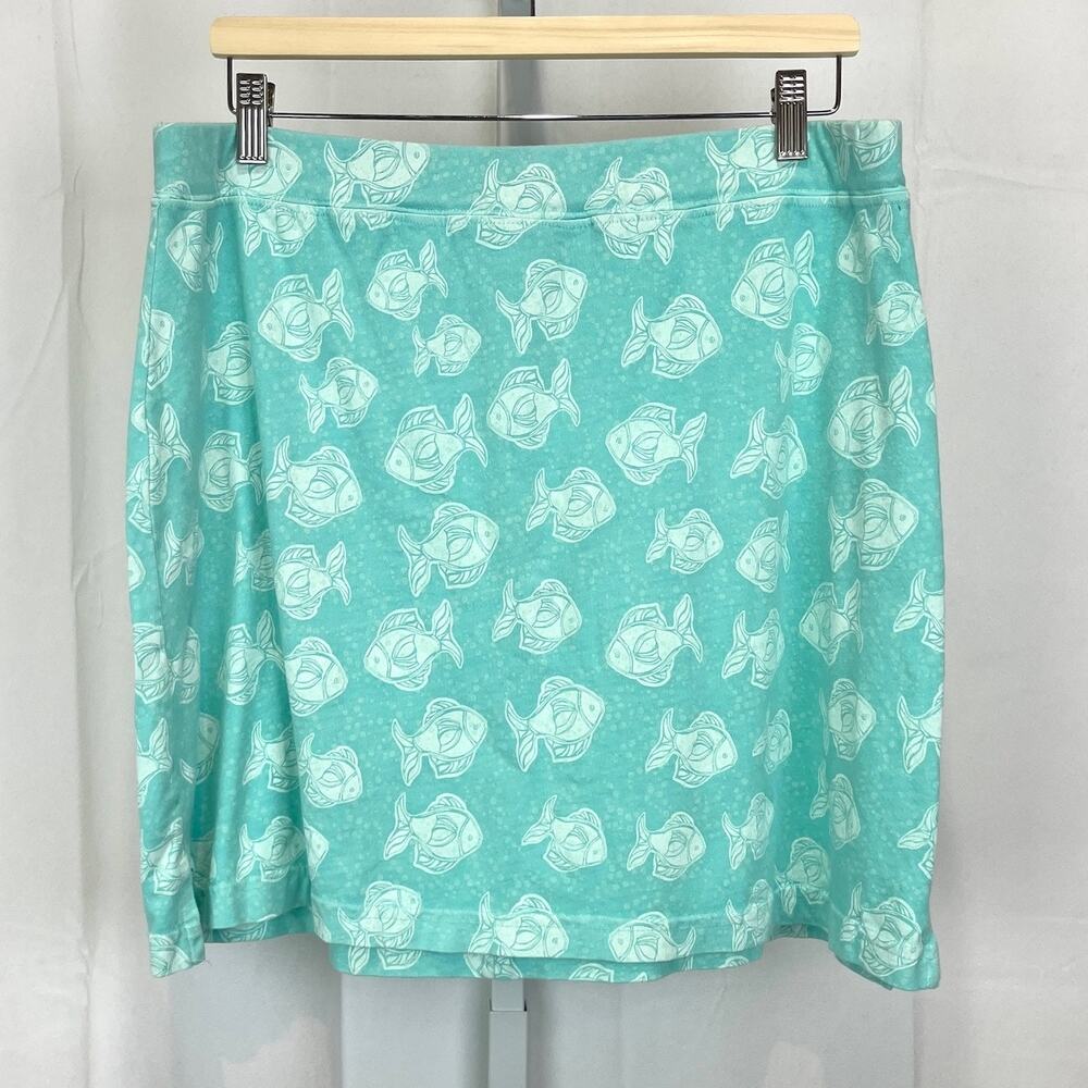 FRESH PRODUCE Size L Fish Print Cotton Skirt Pull On Elastic Waist Blue Green